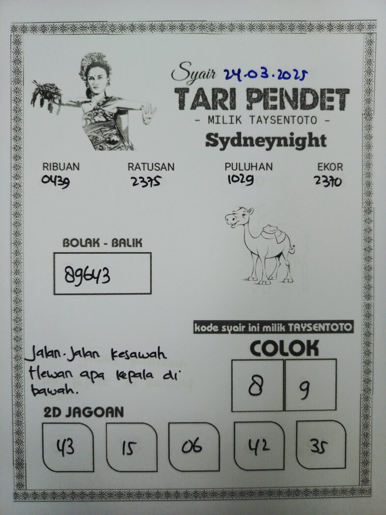 Syair Tari Pendet SydneyNight Hari ini Senin, 24 Maret 2025
