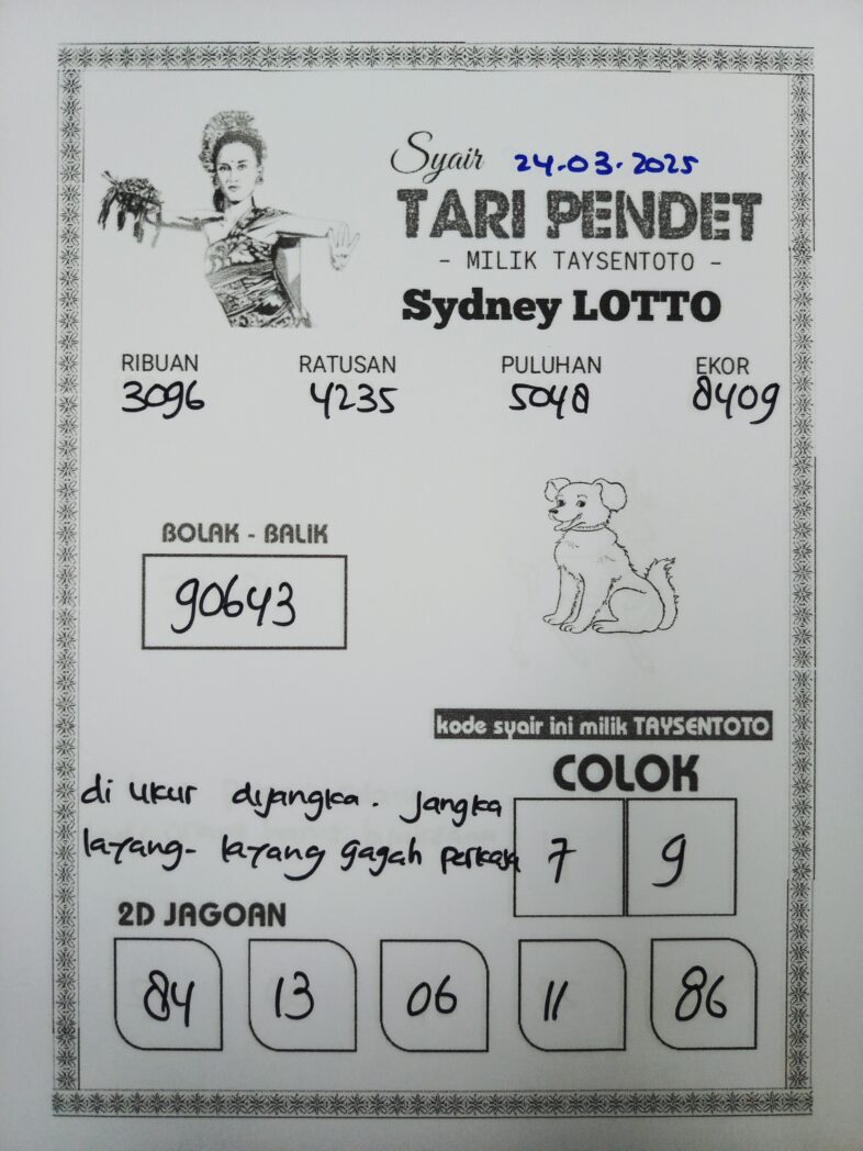 Syair Tari Pendet Sydney Hari ini Senin, 24 Maret 2025