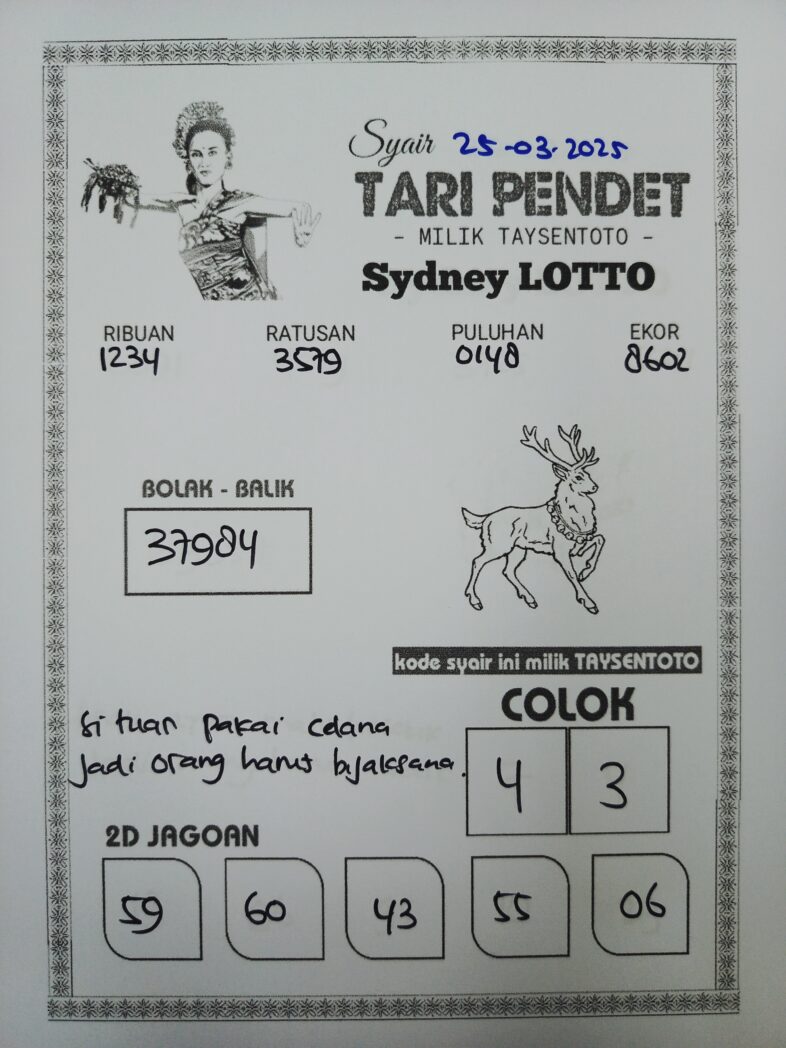 Syair Tari Pendet Sydney Hari ini Selasa, 25 Maret 2025