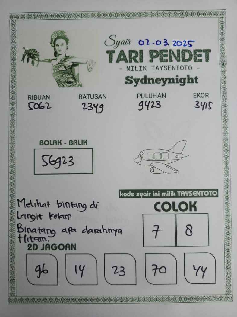 Syair Tari Pendet SydneyNight Hari ini Minggu, 02 Maret 2025