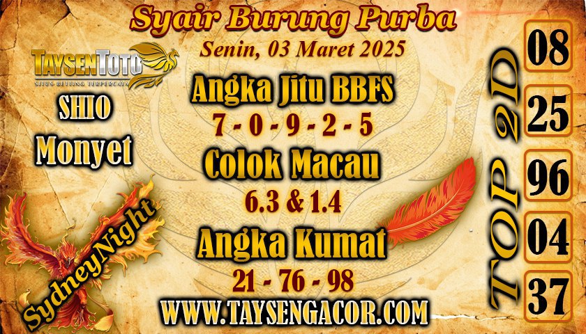 Syair Burung Purba SydneyNight Hari ini Senin, 03 Maret 2025