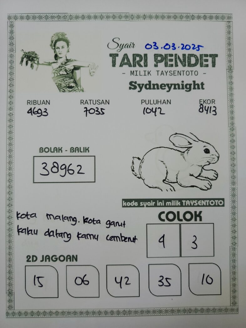 Syair Tari Pendet SydneyNight Hari ini Senin, 03 Maret 2025