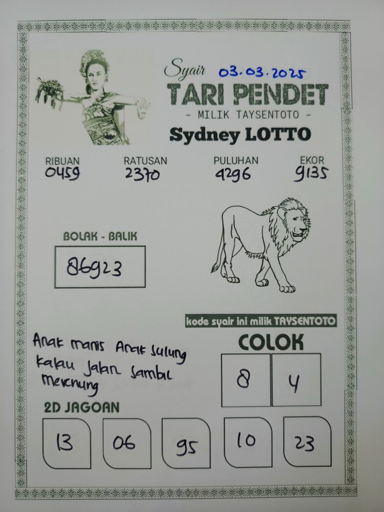 Syair Tari Pendet Sydney Hari ini Senin, 03 Maret 2025