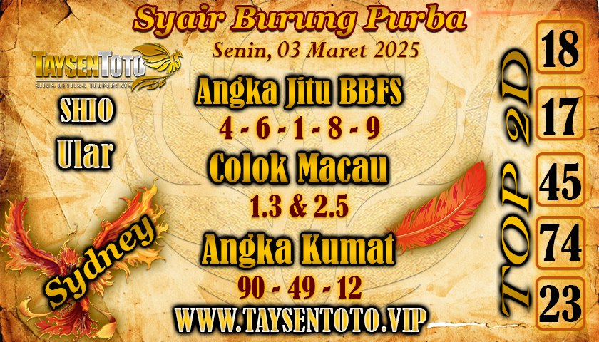 Syair Burung Purba Sydney Hari ini Senin, 03 Maret 2025