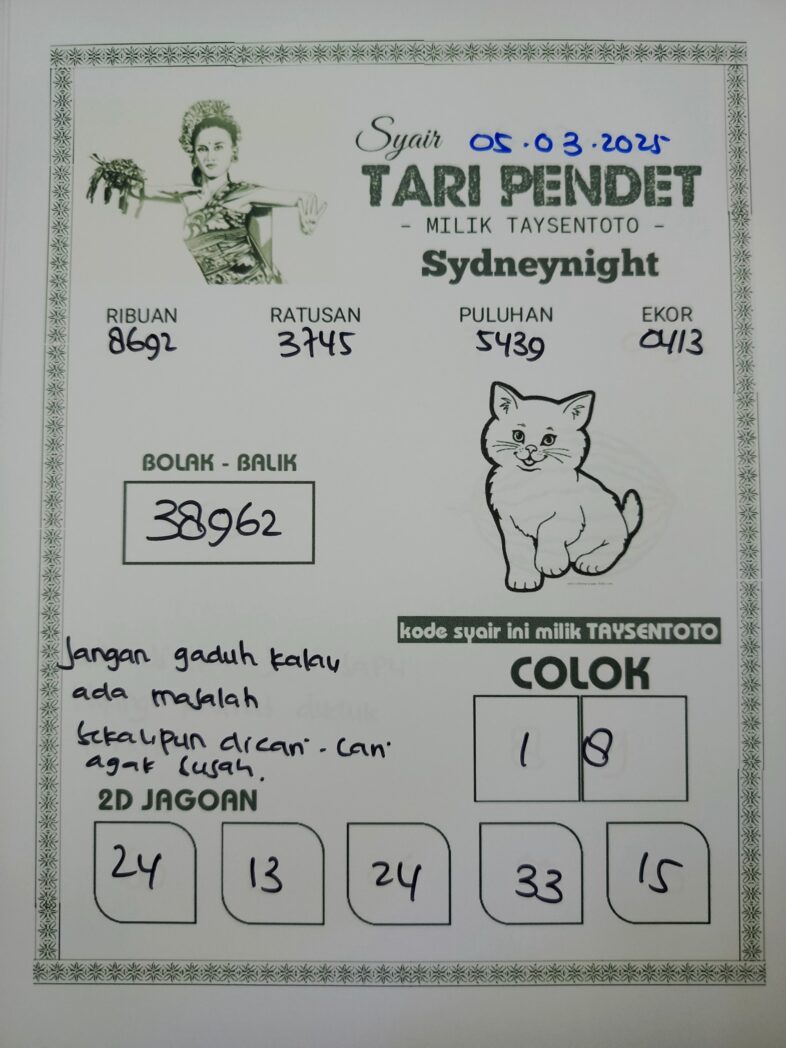 Syair Tari Pendet SydneyNight Hari ini Rabu, 05 Maret 2025