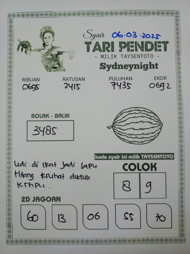 Syair Tari Pendet SydneyNight Hari ini Kamis, 06 Maret 2025