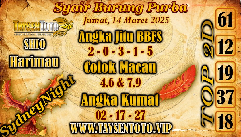 Syair Burung Purba SydneyNight Hari ini Jumat, 14 Maret 2025