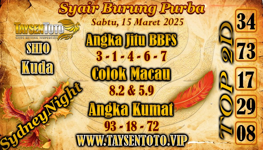 Syair Burung Purba SydneyNight Hari ini Sabtu, 15 Maret 2025