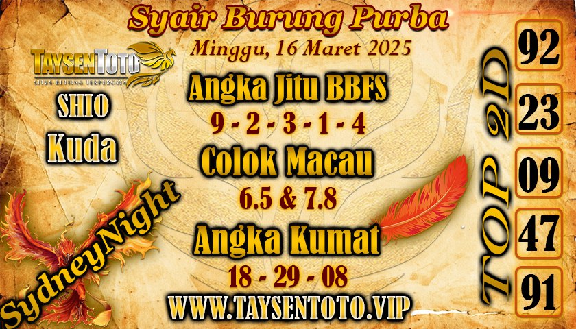 Syair Burung Purba SydneyNight Hari ini Minggu, 16 Maret 2025