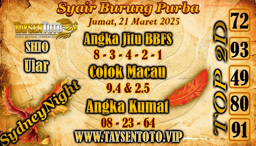 Syair Burung Purba SydneyNight Hari ini Jumat, 21 Maret 2025