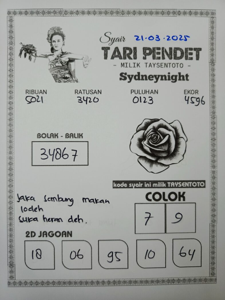 Syair Tari Pendet SydneyNight Hari ini Jumat, 21 Maret 2025