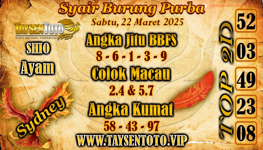 Syair Burung Purba Sydney Hari ini Sabtu, 22 Maret 2025