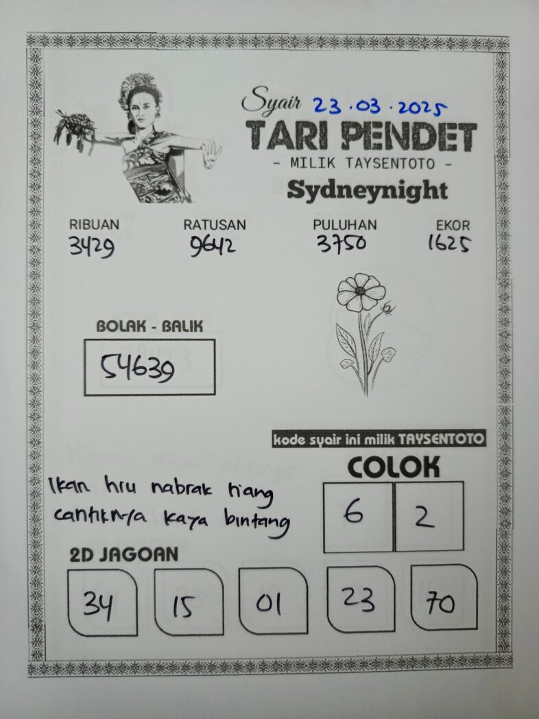 Syair Tari Pendet SydneyNight Hari ini Minggu, 23 Maret 2025