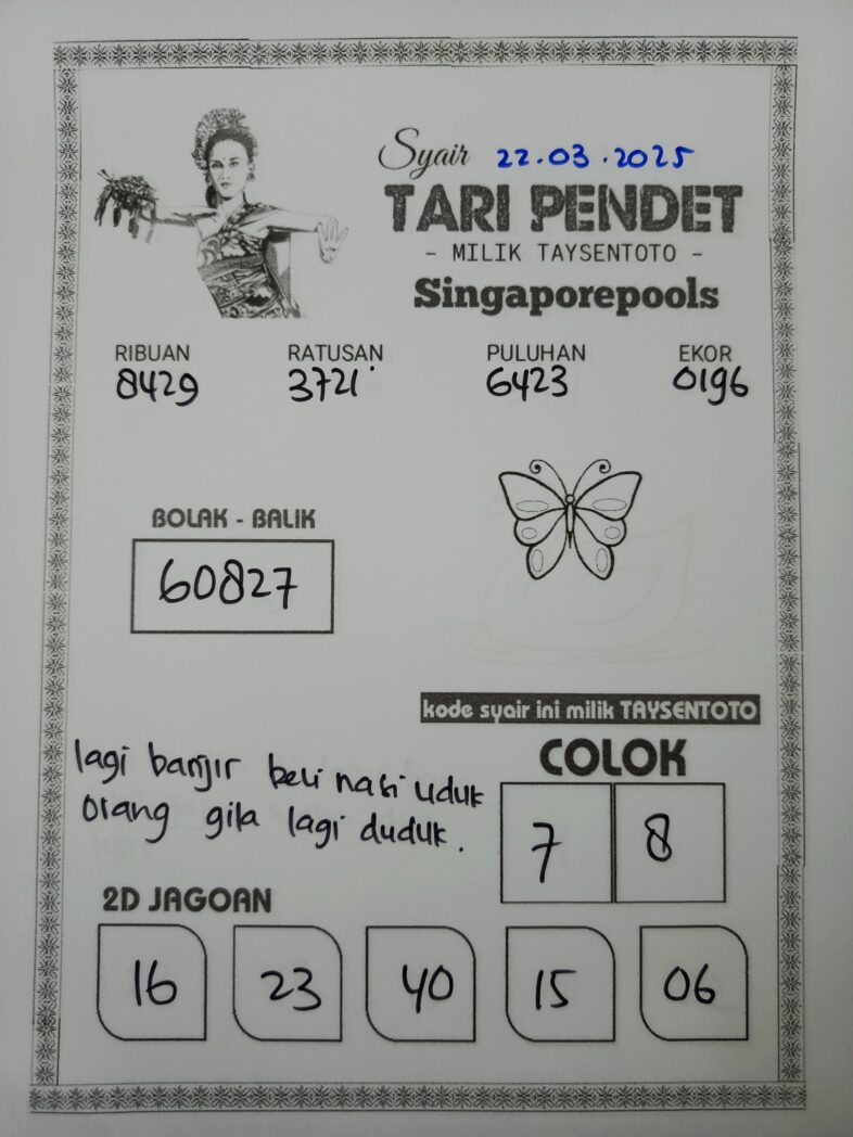 Syair Tari Pendet SGP Hari ini Sabtu, 22 Maret 2025