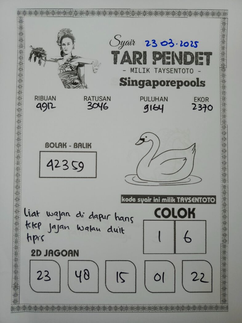 Syair Tari Pendet SGP Hari ini Minggu, 23 Maret 2025