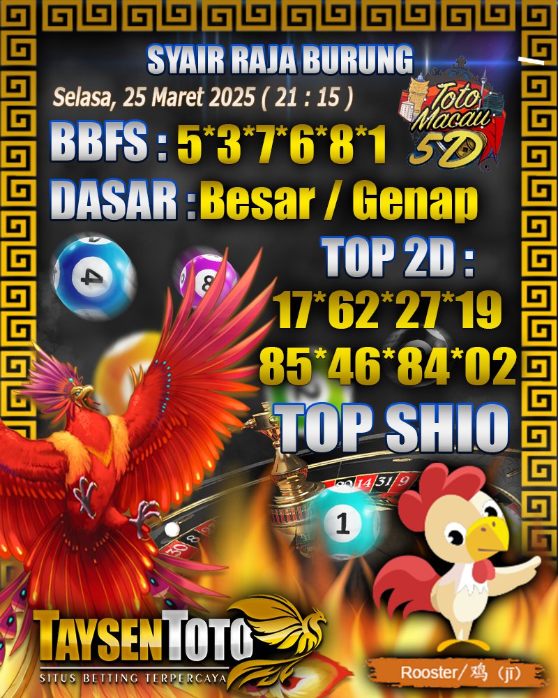 Syair Raja Burung Toto Macau 5D Hari Ini Selasa, 25 Maret 2025 | 21 : 15 WIB