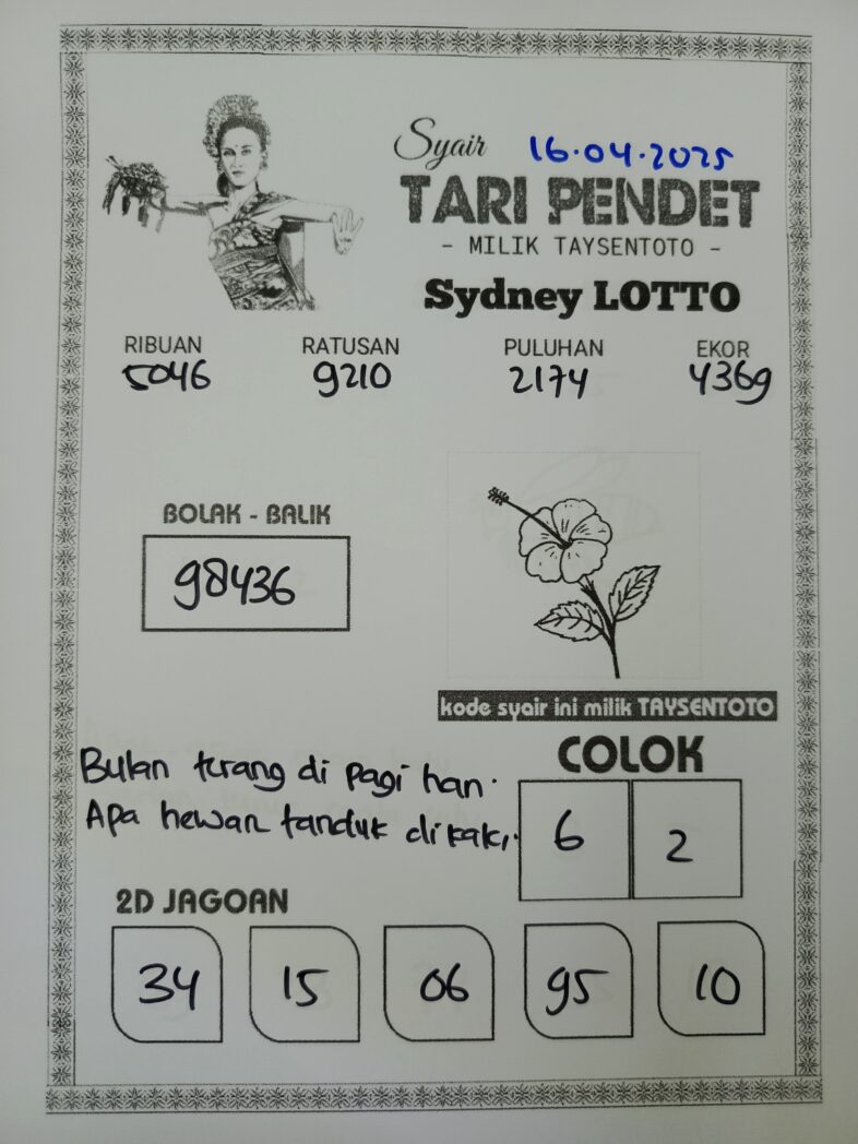 Syair Tari Pendet Sydney Hari ini Rabu, 16 April 2025