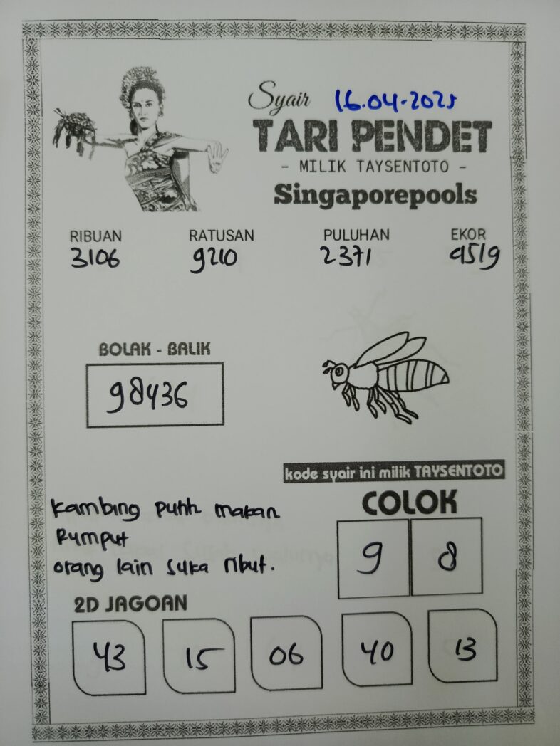 Syair Tari Pendet SGP Hari ini Rabu, 16 April 2025