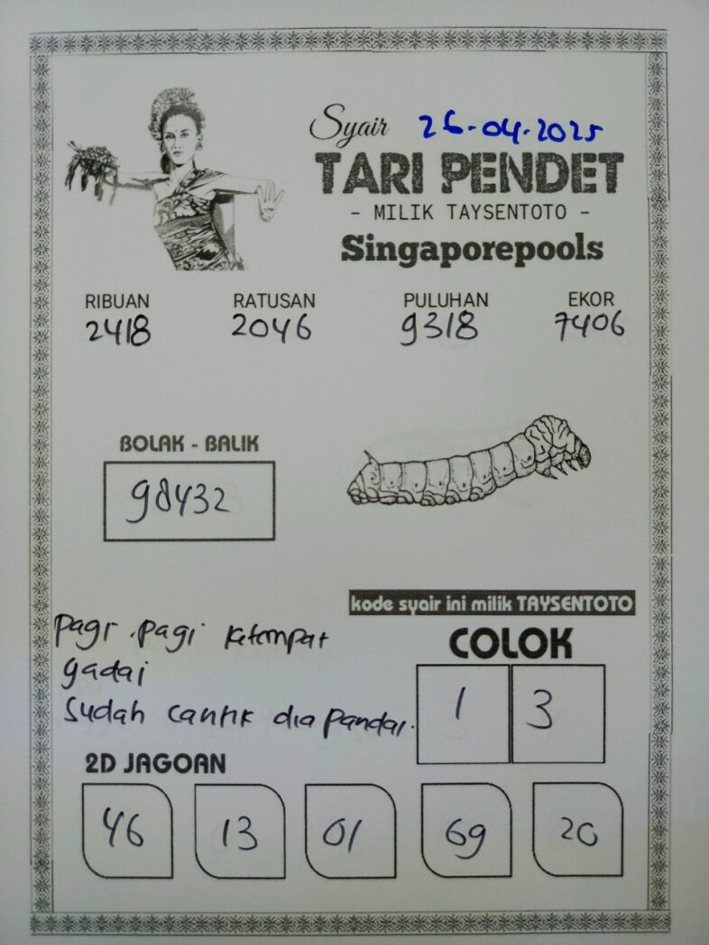 Syair Tari Pendet SGP Hari ini Sabtu, 26 April 2025