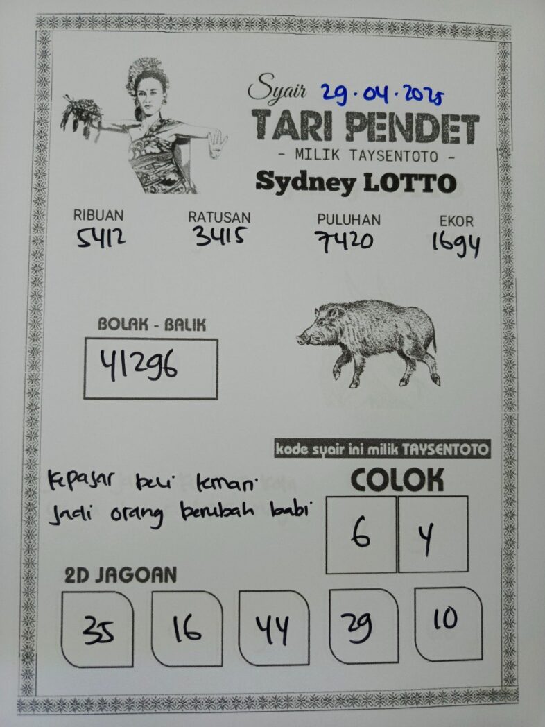 Syair Tari Pendet Sydney Hari ini Selasa, 29 April 2025