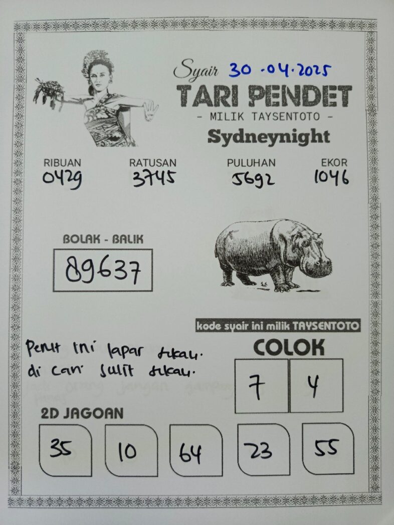 Syair Tari Pendet SydneyNight Hari ini Rabu, 30 April 2025