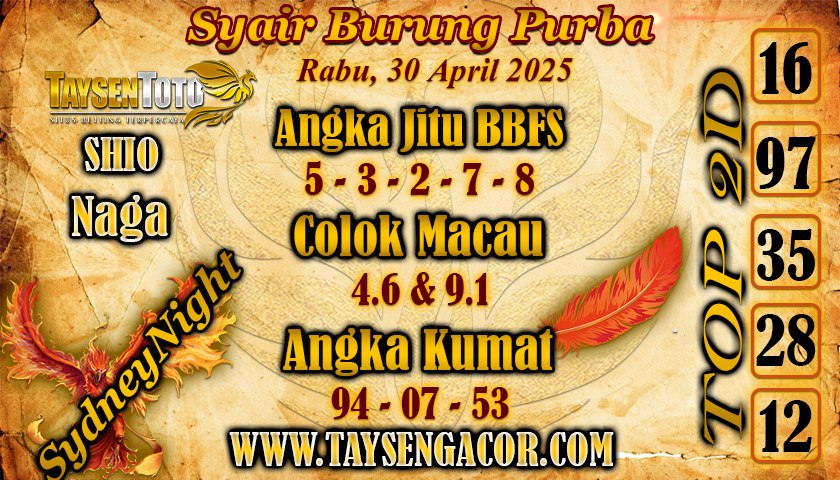Syair Burung Purba SydneyNight Hari ini Rabu, 30 April 2025
