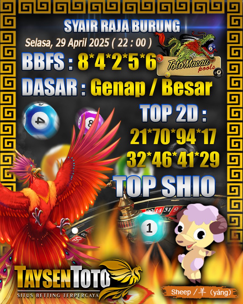 Syair Raja Burung Toto Macau Hari, Selasa, 29 April 2025| 22 : 00 WIB
