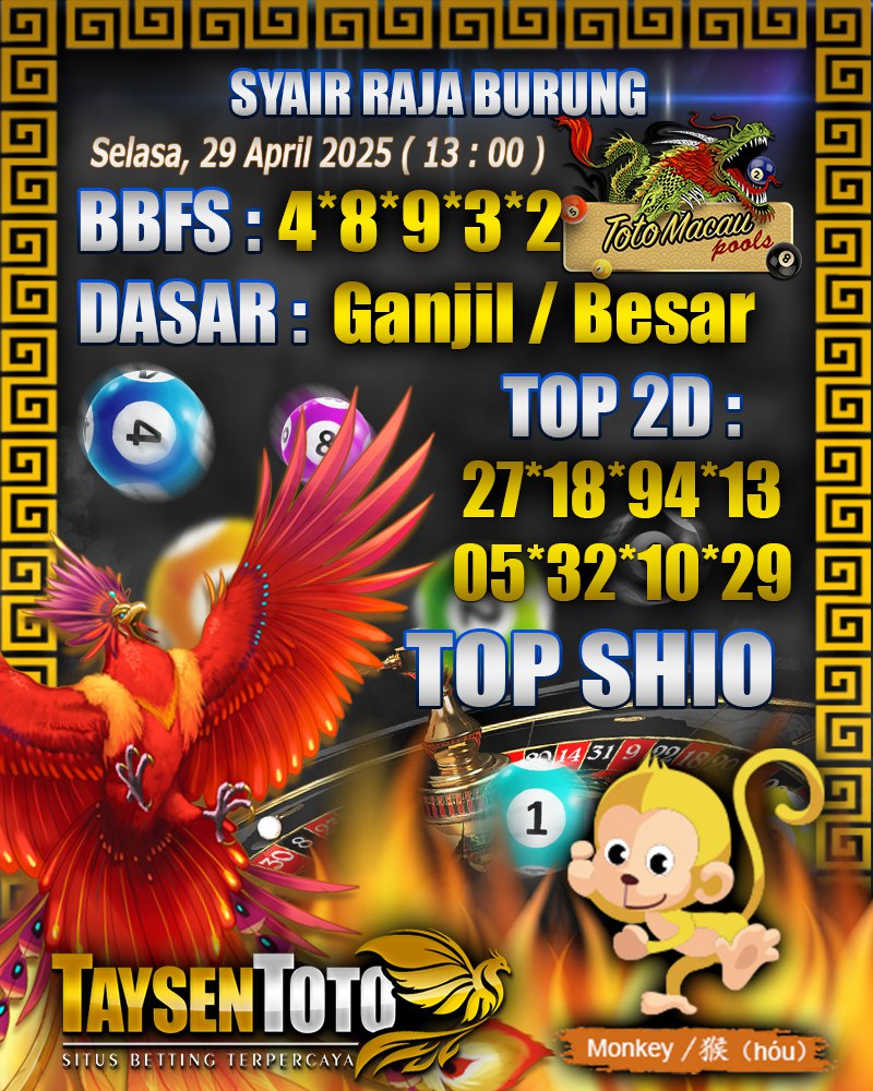 Syair Raja Burung Toto Macau Hari, Selasa, 29 April 2025| 13 : 00 WIB