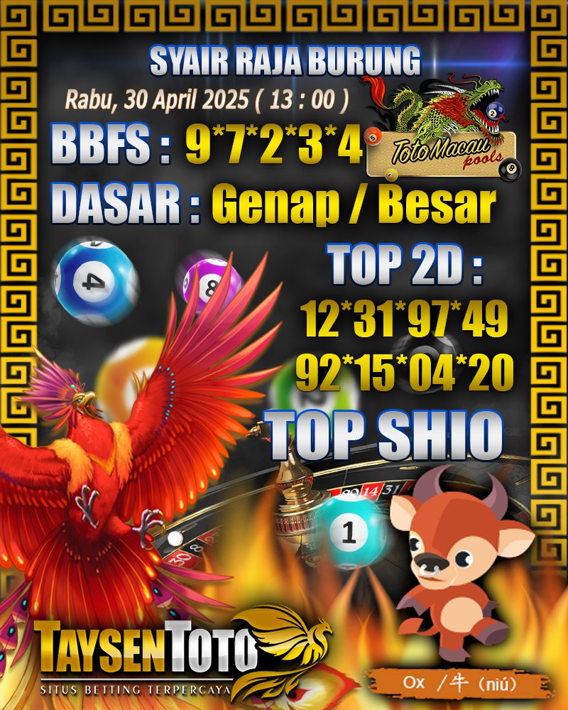 Syair Raja Burung Toto Macau Hari, Rabu, 30 April 2025| 13 : 00 WIB