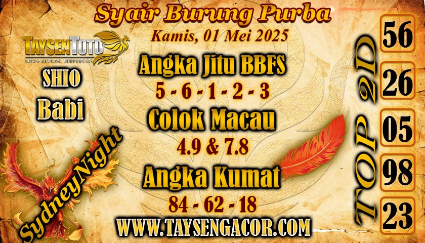 Syair Burung Purba SydneyNight Hari ini Kamis, 01 Mei 2025