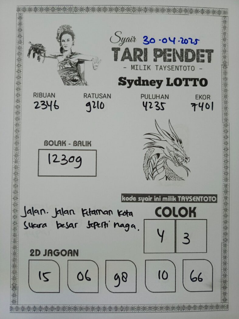 Syair Tari Pendet Sydney Hari ini Rabu, 30 April 2025
