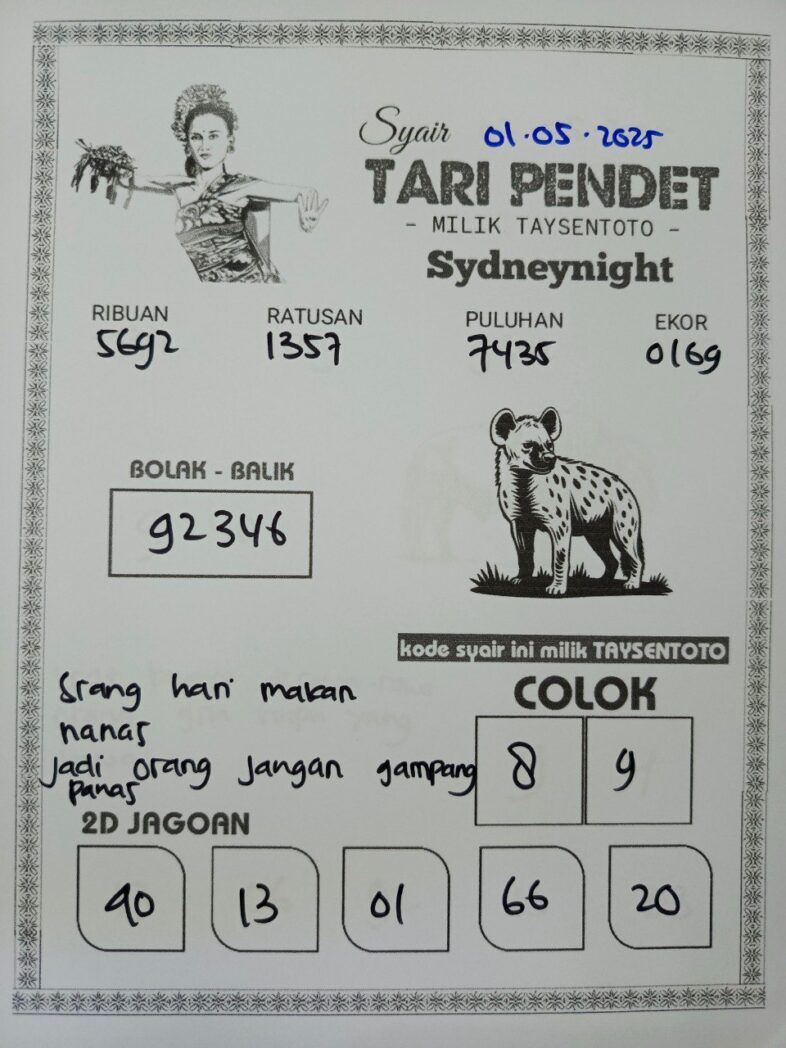 Syair Tari Pendet SydneyNight Hari ini Kamis, 01 Mei 2025