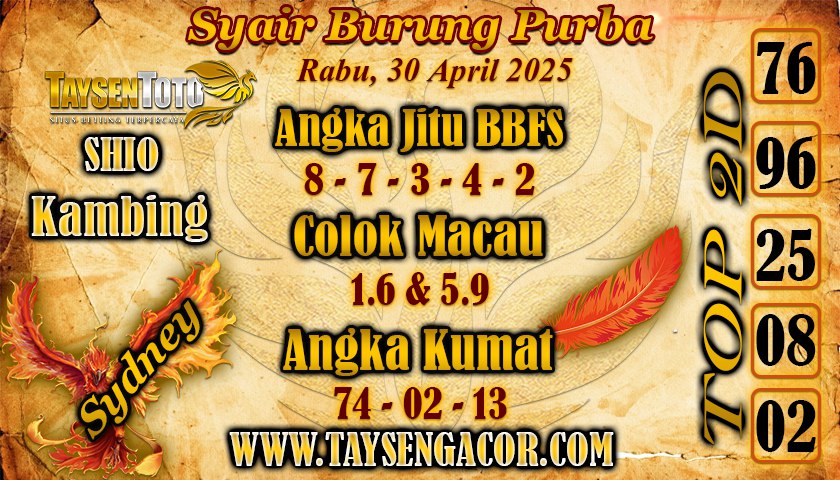 Syair Burung Purba Sydney Hari ini Rabu, 30 April 2025