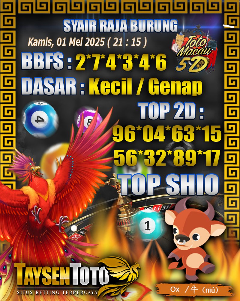 Syair Raja Burung Toto Macau 5D Hari Ini Kamis, 01 Mei 2025 | 21 : 15 WIB