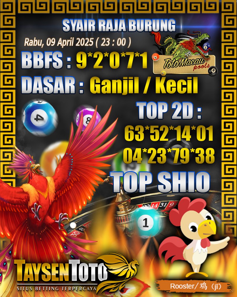 Syair Raja Burung Toto Macau Hari, Rabu, 09 April 2025| 23 : 00 WIB