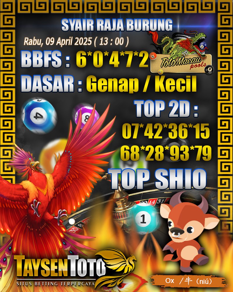 Syair Raja Burung Toto Macau Hari, Rabu, 09 April 2025| 13 : 00 WIB