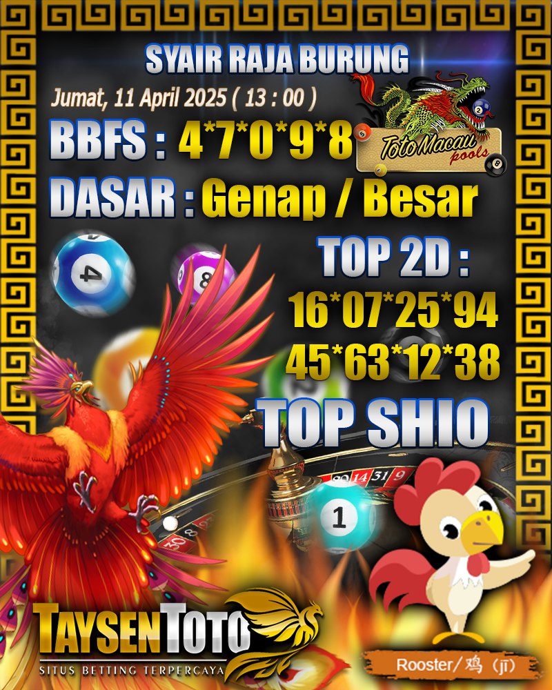 Syair Raja Burung Toto Macau Hari, Jumat, 11 April 2025| 13 : 00 WIB