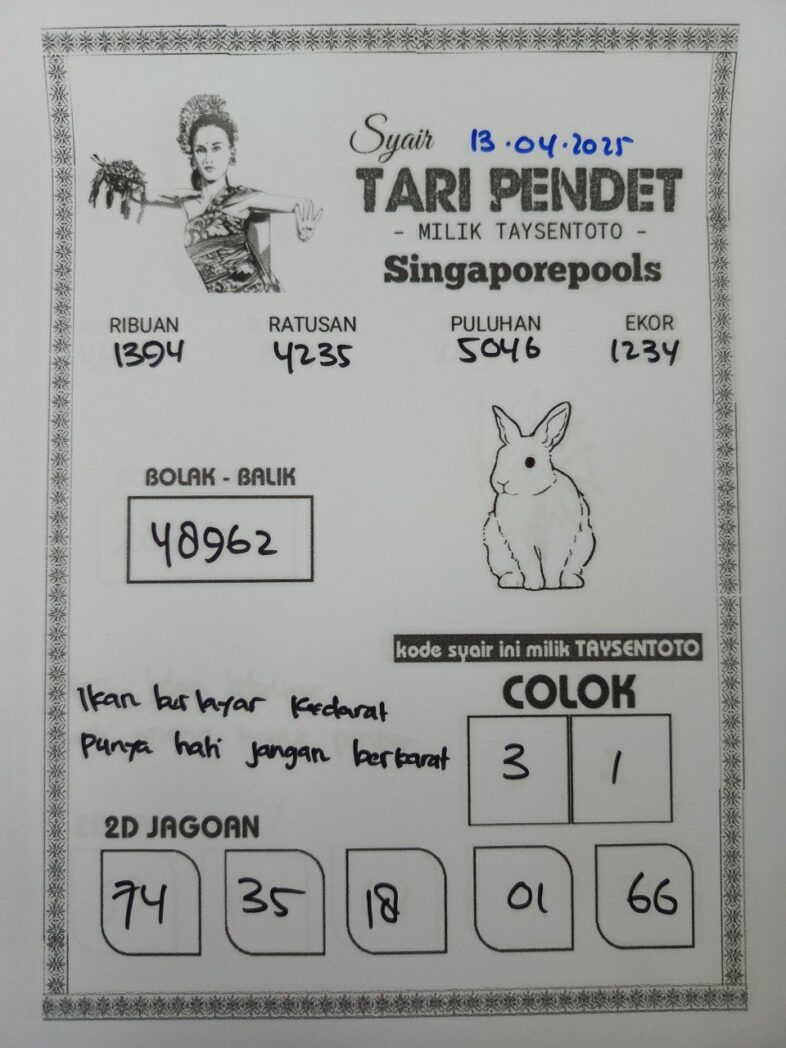 Syair Tari Pendet SGP Hari ini Minggu, 13 April 2025