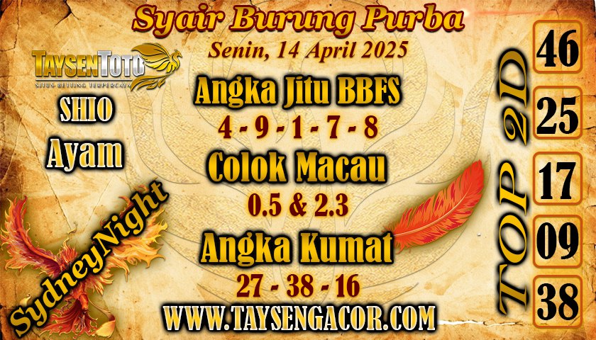 Syair Burung Purba SydneyNight Hari ini Senin, 14 April 2025