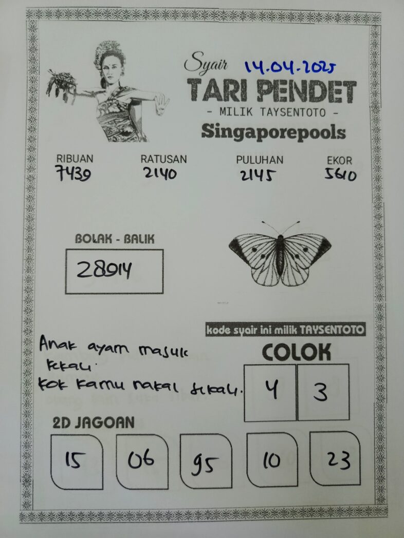 Syair Tari Pendet SGP Hari ini Senin, 14 April 2025