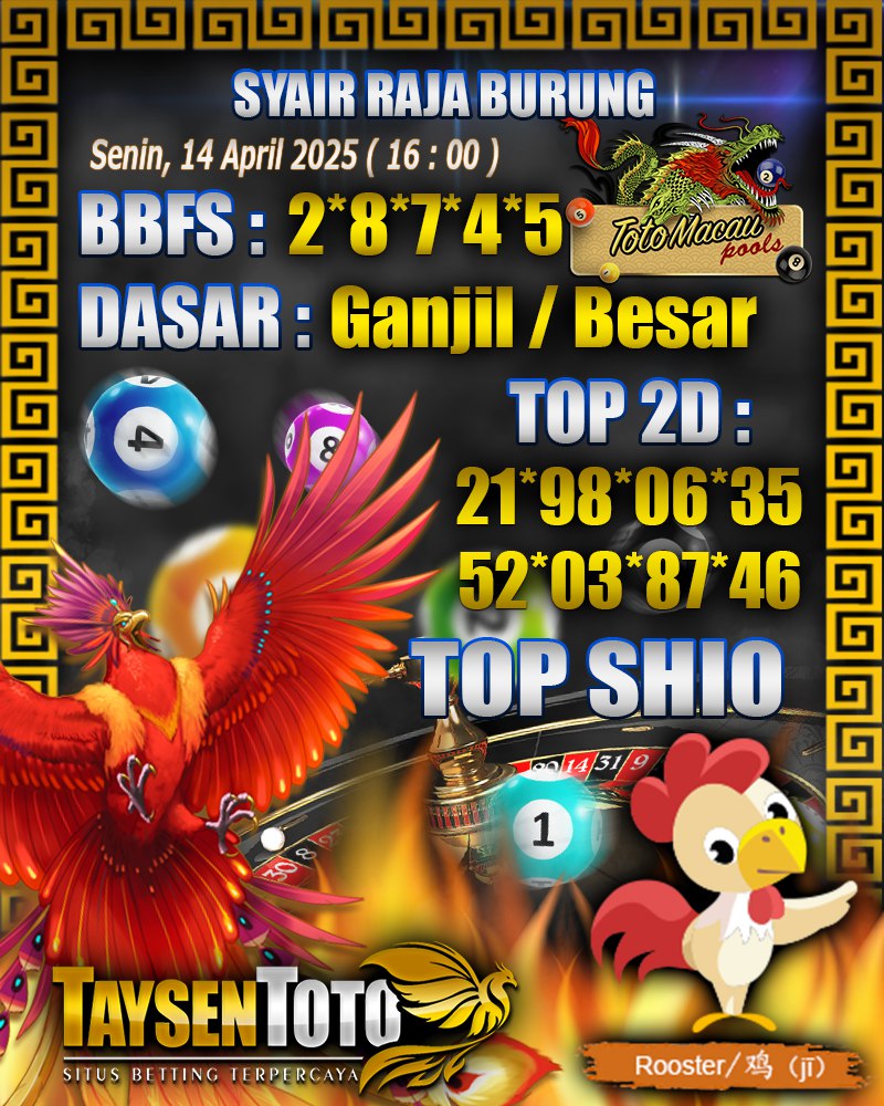 Syair Raja Burung Toto Macau Hari, Senin, 14 April 2025| 16 : 00 WIB
