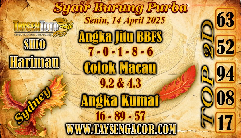 Syair Burung Purba Sydney Hari ini Senin, 14 April 2025