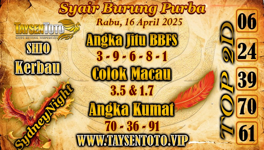 Syair Burung Purba SydneyNight Hari ini Rabu, 16 April 2025