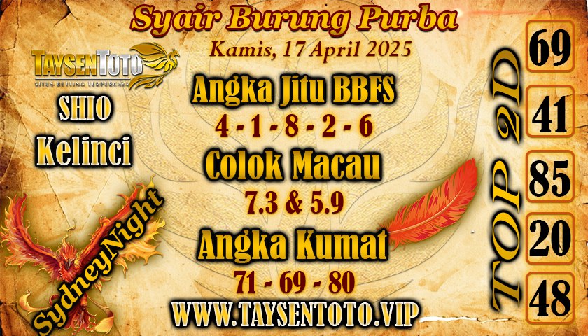 Syair Burung Purba SydneyNight Hari ini Kamis, 17 April 2025