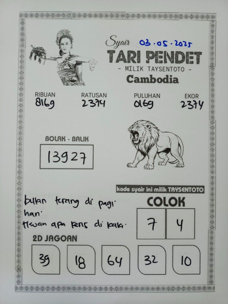 Syair Tari Pendet Cambodia Hari Ini Sabtu, 03 Mei 2025