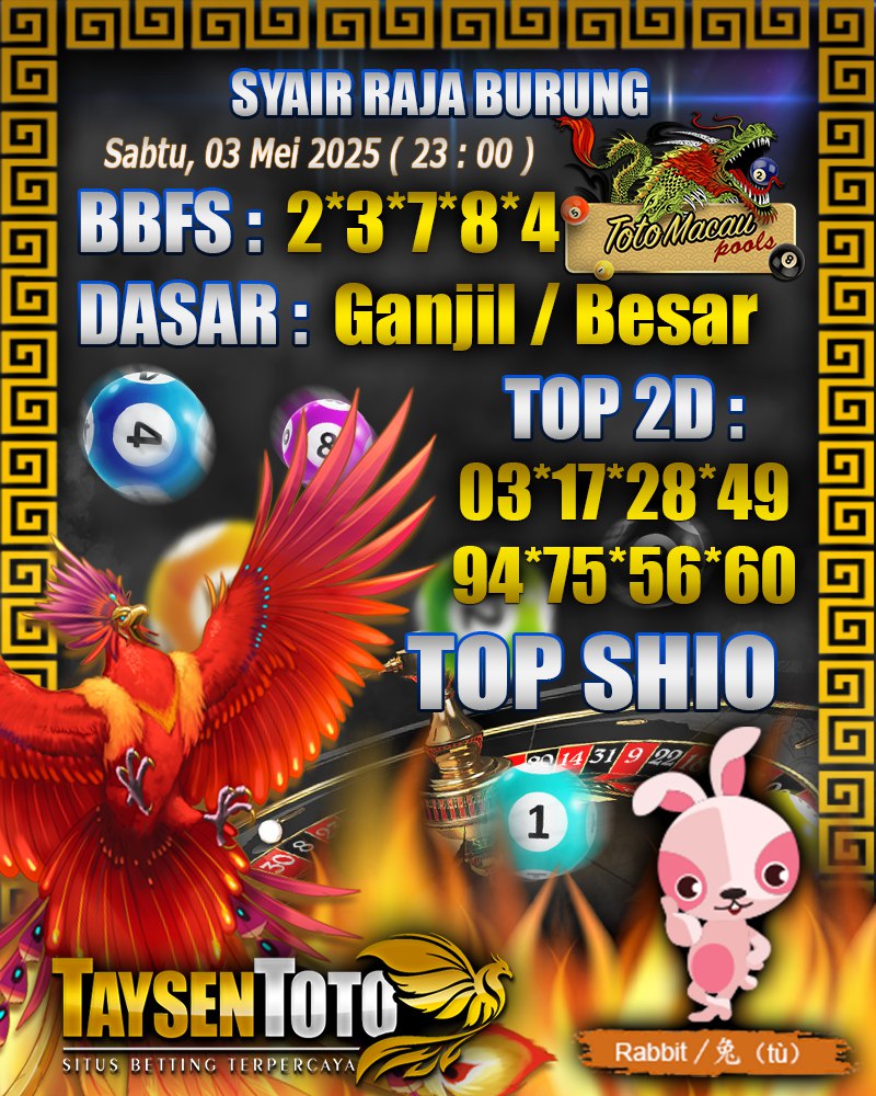 Syair Raja Burung Toto Macau Hari, Sabtu, 03 Mei 2025| 23 : 00 WIB