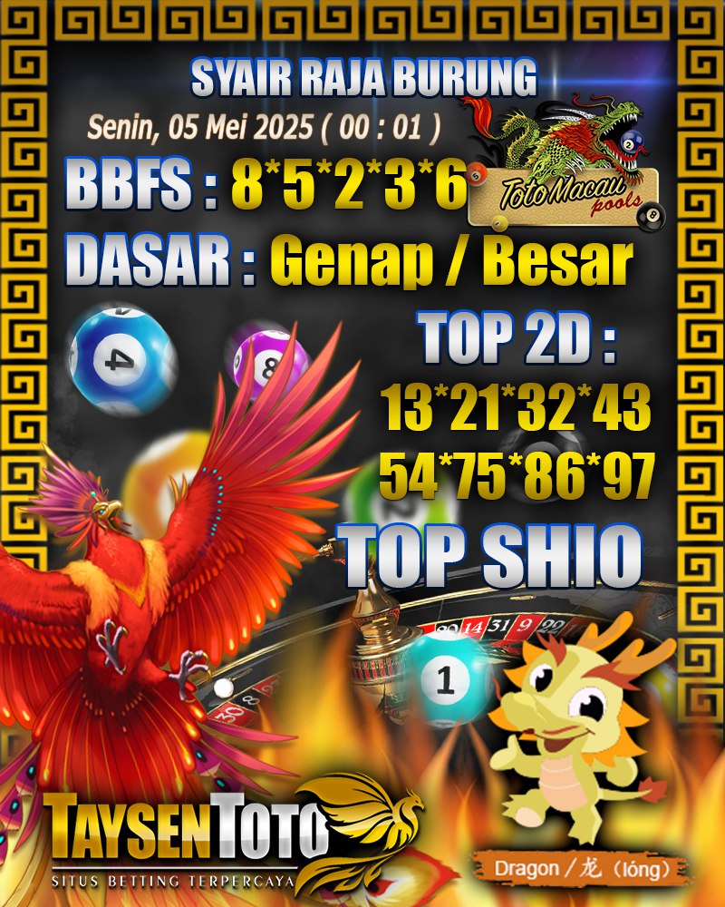 Syair Raja Burung Toto Macau Hari, Senin, 05 Mei 2025| 00 : 01 WIB