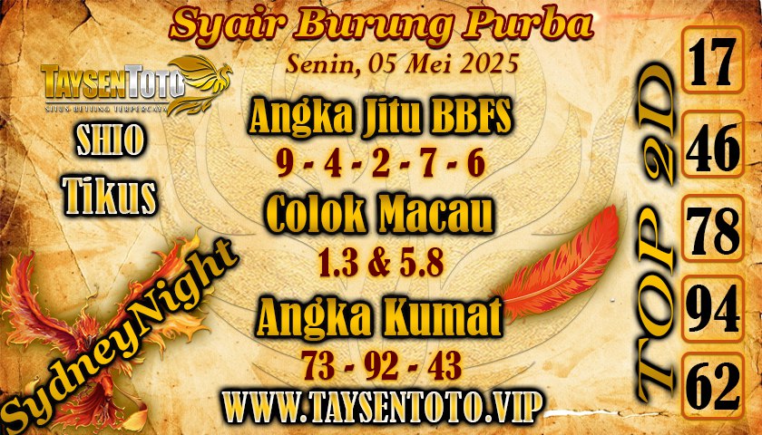 Syair Burung Purba SydneyNight Hari ini Senin, 05 Mei 2025