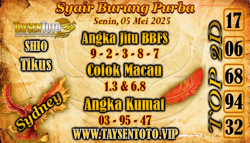 Syair Burung Purba Sydney Hari ini Senin, 05 Mei 2025