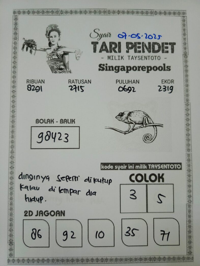 Syair Tari Pendet SGP Hari ini Rabu, 07 Mei 2025